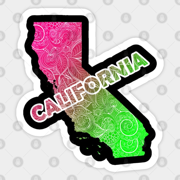 Colorful mandala art map of California with text in pink and green